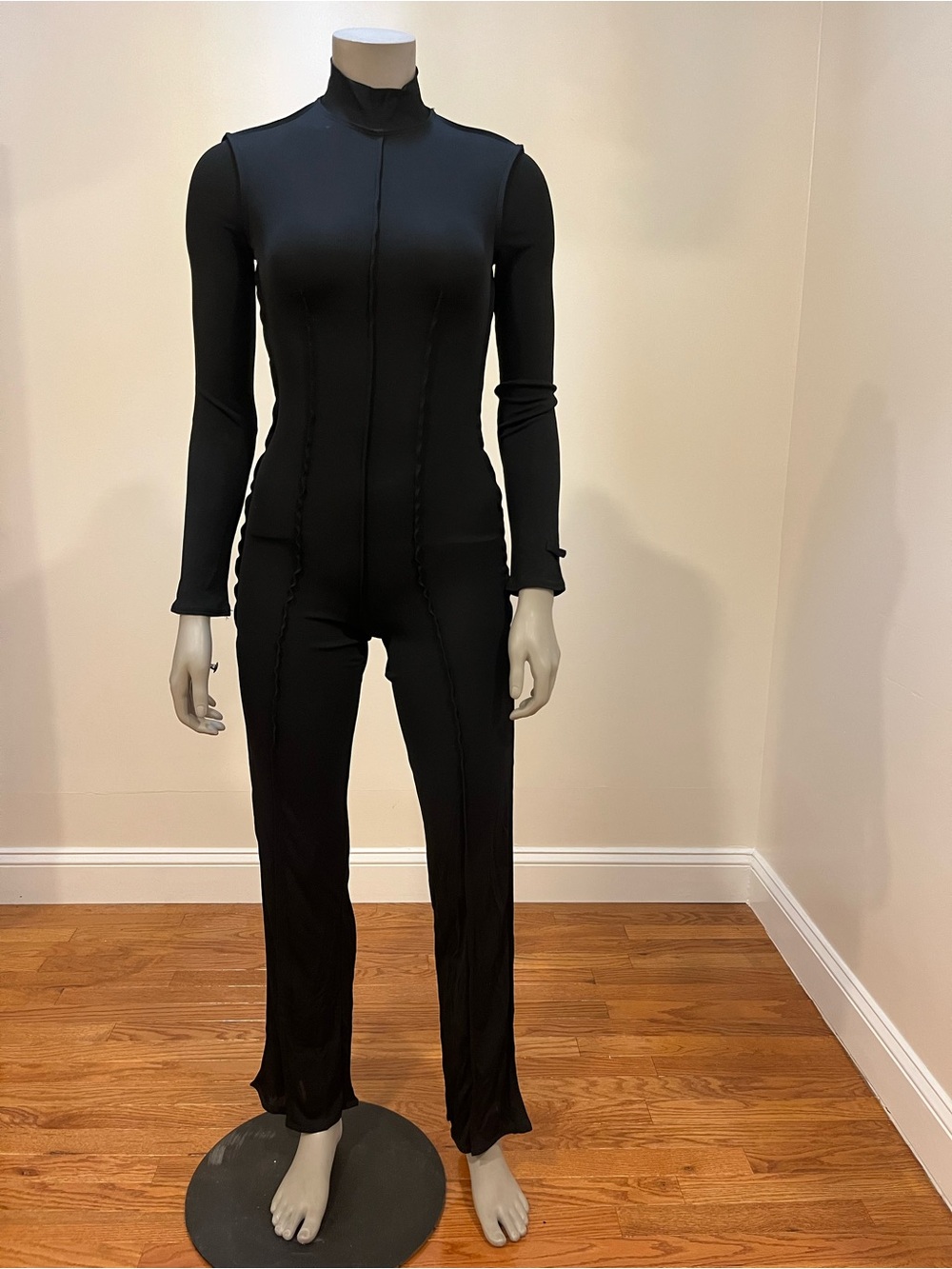 Jean Paul Gaultier 90’s Vintage Black Mock Neck Flared Leg Long Sleeved Jumpsuit